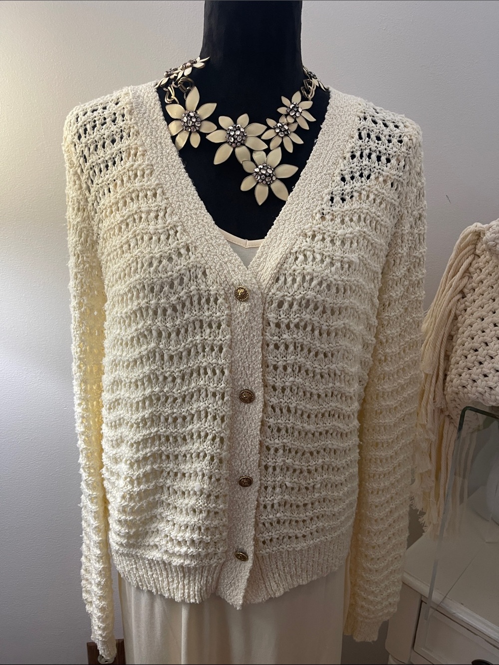 Lulu's Cream Yellow Open‑Knit Button Cardigan